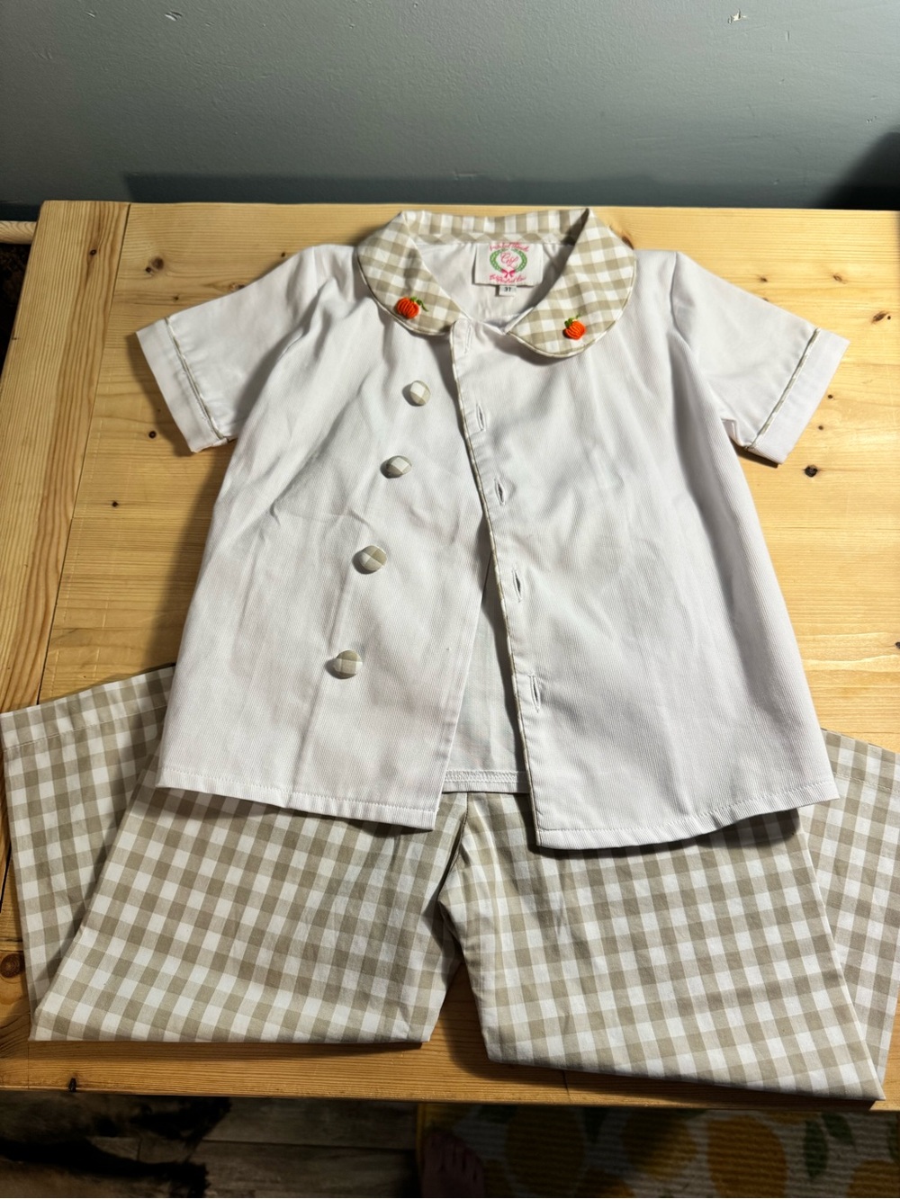 Cecil and Lou White Top & Beige Gingham Pajama Set